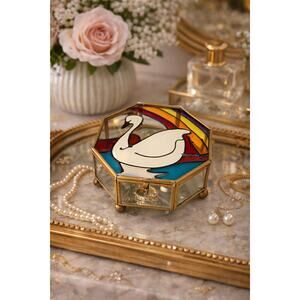 Stained Glass Swan Jewelry Box – Brass Vanity Trinket Box with Rainbow Glass